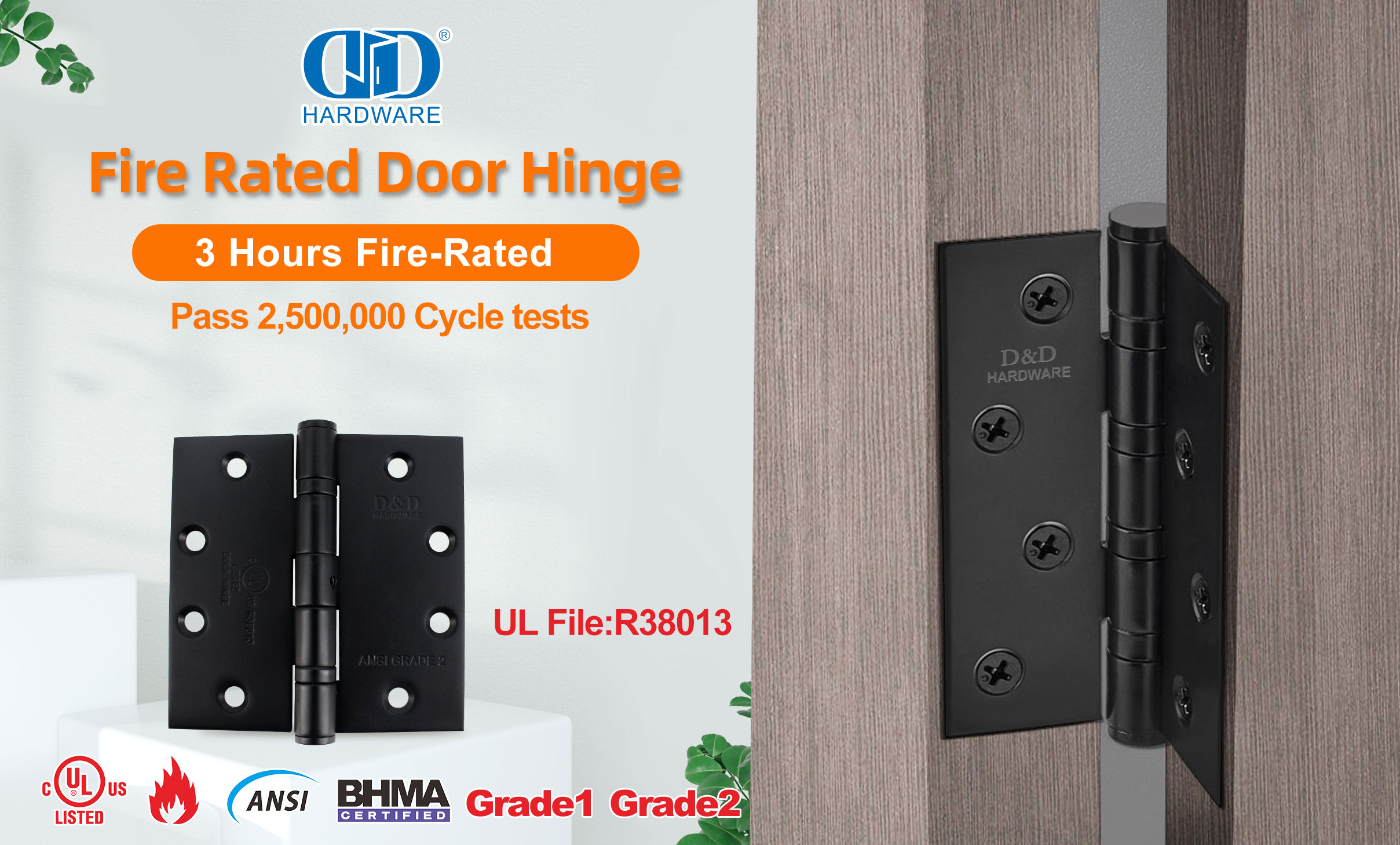 ANSI-BHMA/UL 10C مفصل الباب الخارجي باللون الأسود المقاوم للحريق